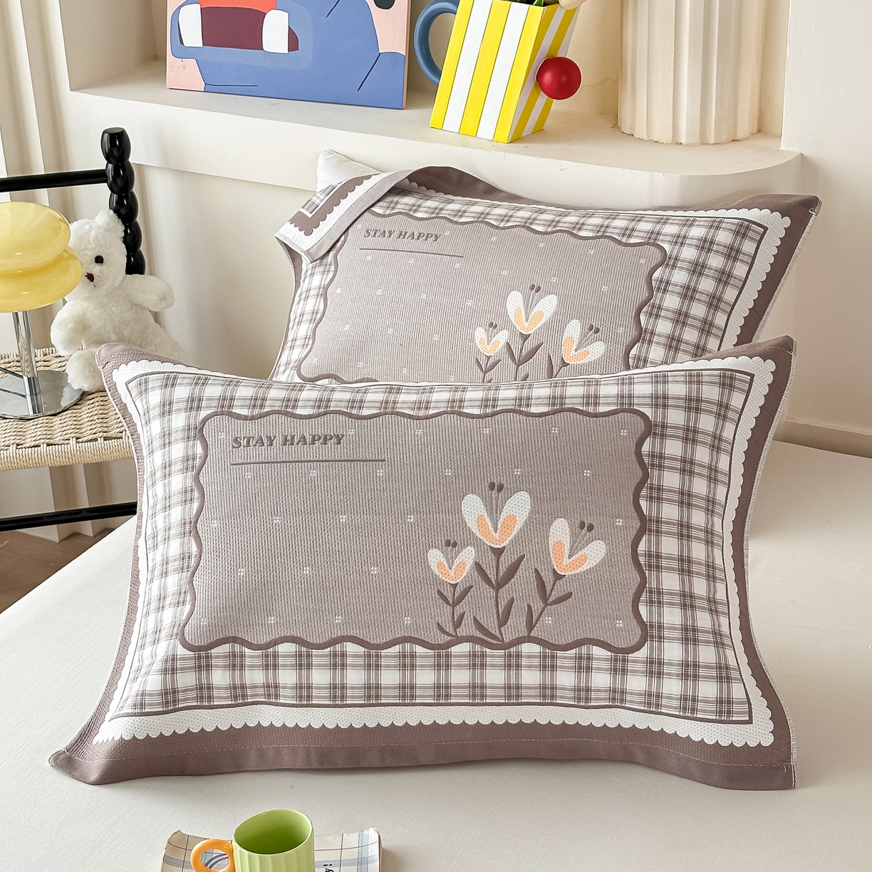 91家纺网 家纺一手货源 找家纺 沐瑟家纺 2025新款亲肤柔软纱布小米格枕巾 格子花-咖色 52*78cm枕巾/只