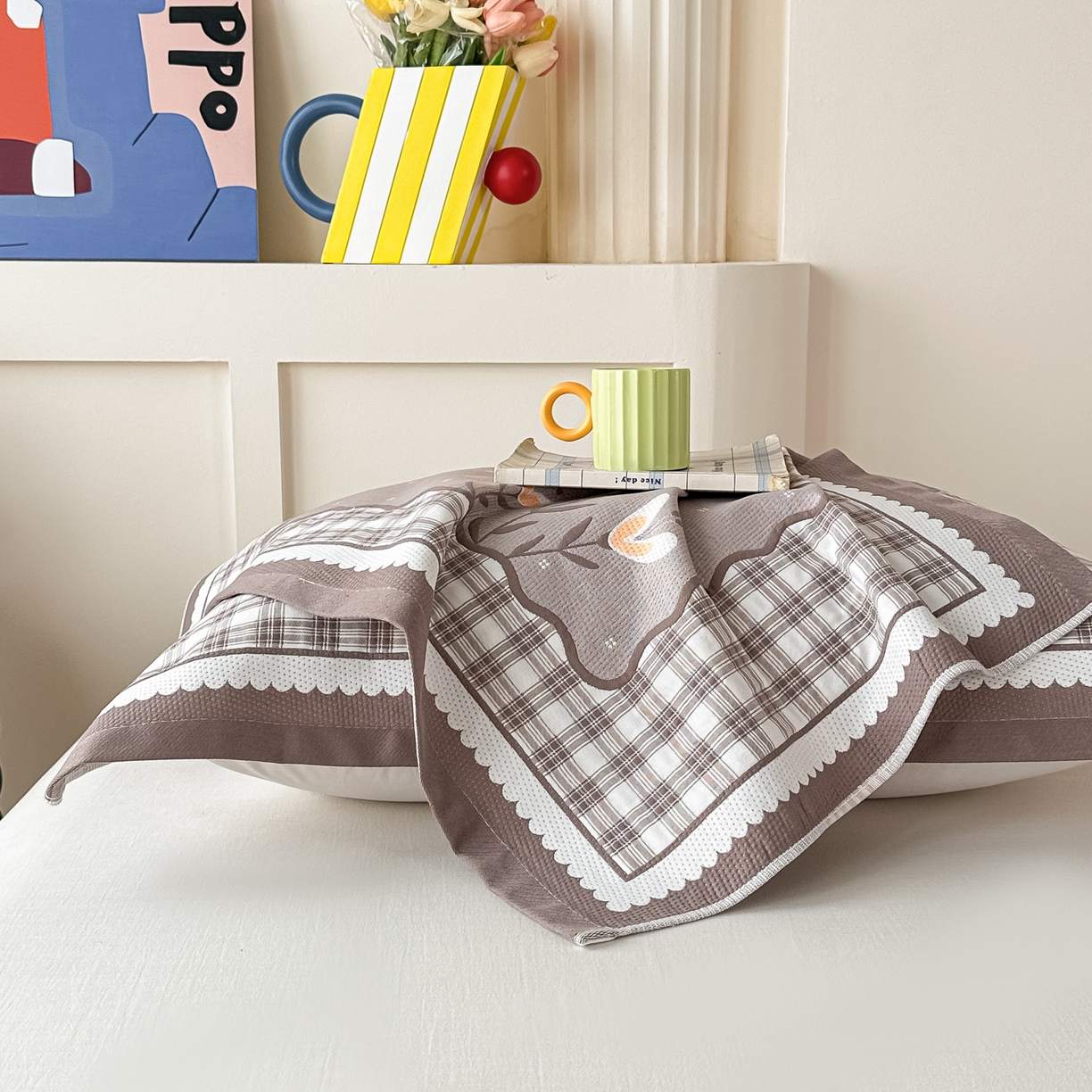 91家纺网 家纺一手货源 找家纺 沐瑟家纺 2025新款亲肤柔软纱布小米格枕巾 格子花-咖色 52*78cm枕巾/只