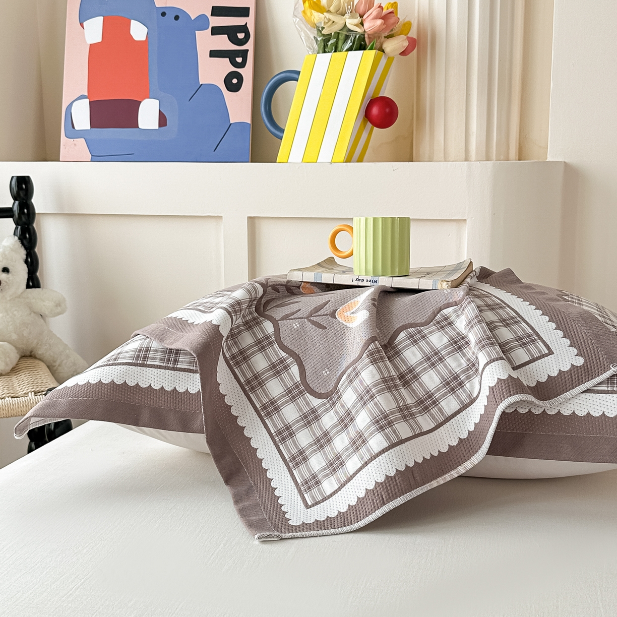 91家纺网 家纺一手货源 找家纺 沐瑟家纺 2025新款亲肤柔软纱布小米格枕巾 格子花-咖色 52*78cm枕巾/只