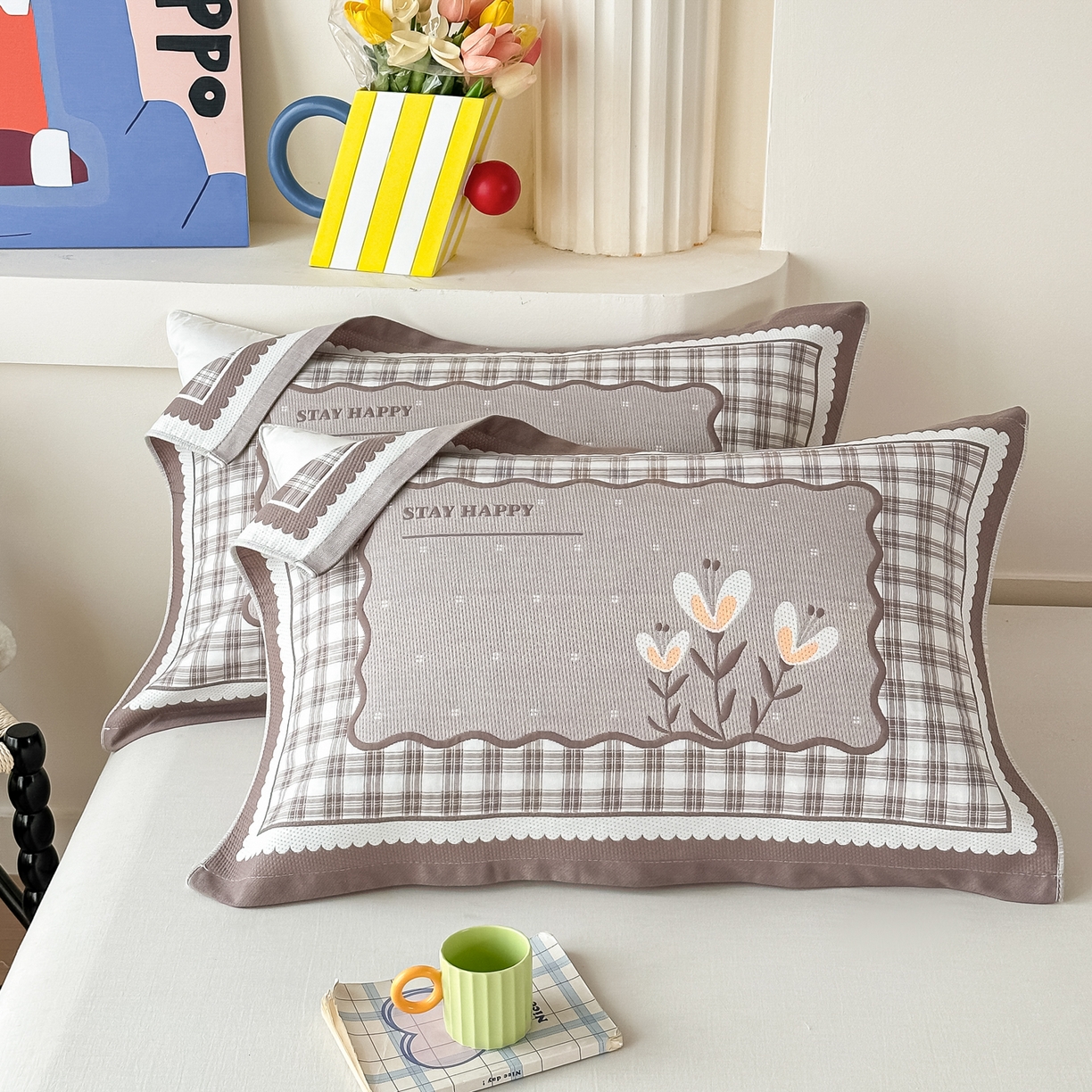 沐瑟家纺 2025新款亲肤柔软纱布小米格枕巾 格子花-咖色 52*78cm枕巾/对