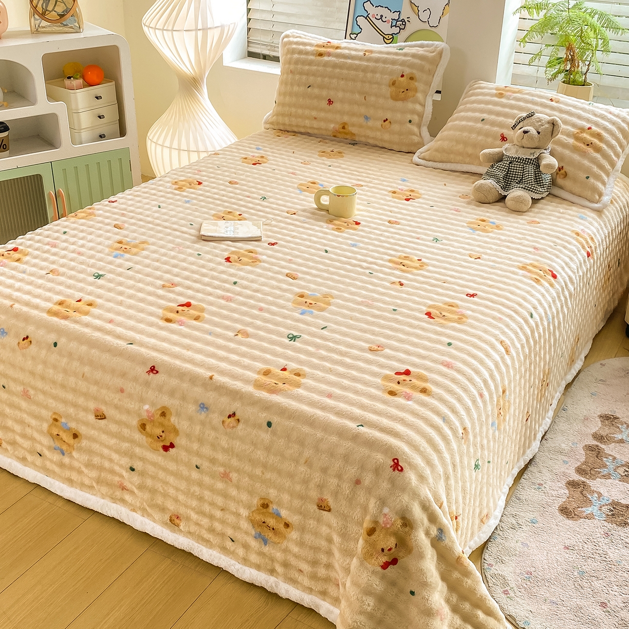 91家纺网 家纺一手货源 找家纺 眠势力 2025新款暖绒泡泡床单冬季保暖被单牛奶绒床单罩 奶油小熊【暖绒泡泡床单】