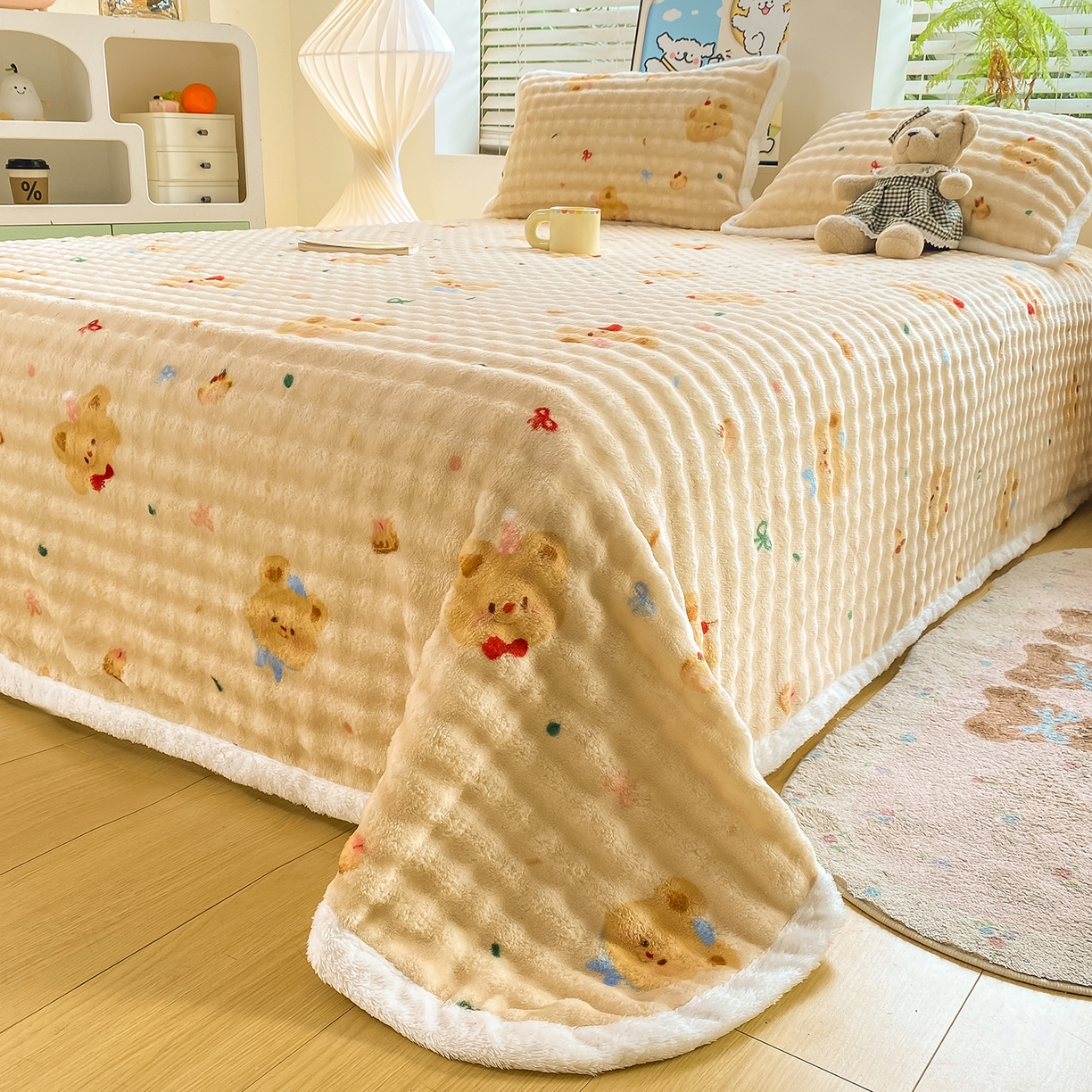 91家纺网 家纺一手货源 找家纺 眠势力 2025新款暖绒泡泡床单冬季保暖被单牛奶绒床单罩 奶油小熊【暖绒泡泡床单】