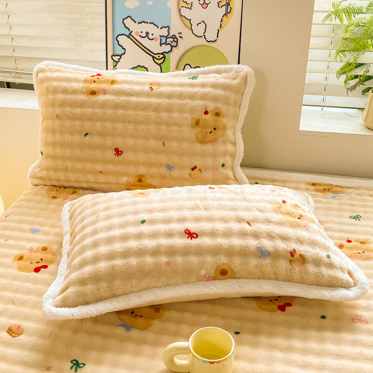 91家纺网 家纺一手货源 找家纺 眠势力 2025新款暖绒泡泡床单冬季保暖被单牛奶绒床单罩 奶油小熊【暖绒泡泡床单】