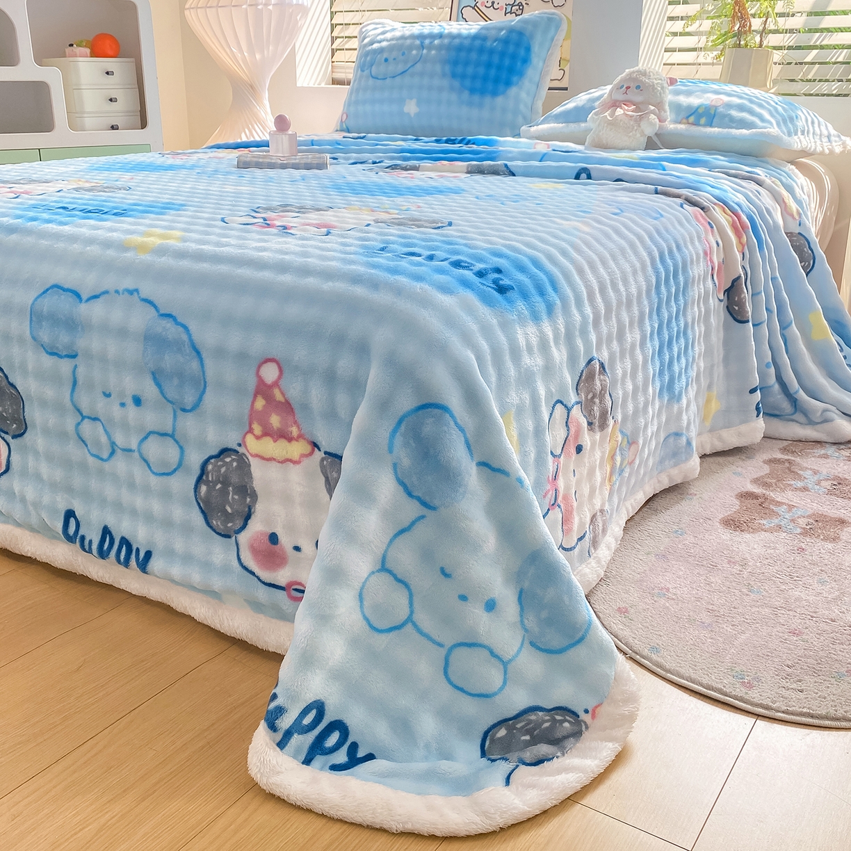 91家纺网 家纺一手货源 找家纺 眠势力 2025新款暖绒泡泡床单冬季保暖被单牛奶绒床单罩 趴趴狗【暖绒泡泡床单】