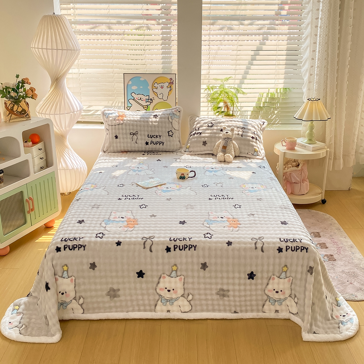 91家纺网 家纺一手货源 找家纺 眠势力 2025新款暖绒泡泡床单冬季保暖被单牛奶绒床单罩 星星猫咪【暖绒泡泡床单】