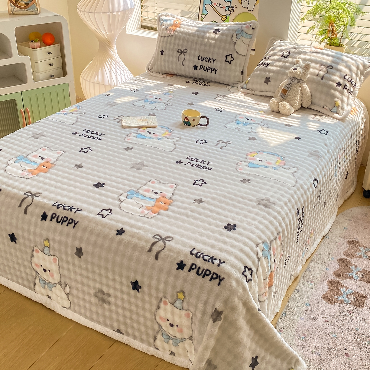 91家纺网 家纺一手货源 找家纺 眠势力 2025新款暖绒泡泡床单冬季保暖被单牛奶绒床单罩 星星猫咪【暖绒泡泡床单】