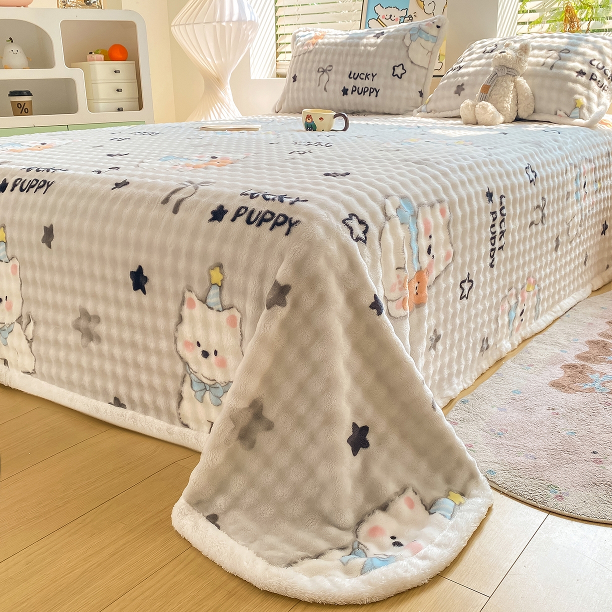 91家纺网 家纺一手货源 找家纺 眠势力 2025新款暖绒泡泡床单冬季保暖被单牛奶绒床单罩 星星猫咪【暖绒泡泡床单】