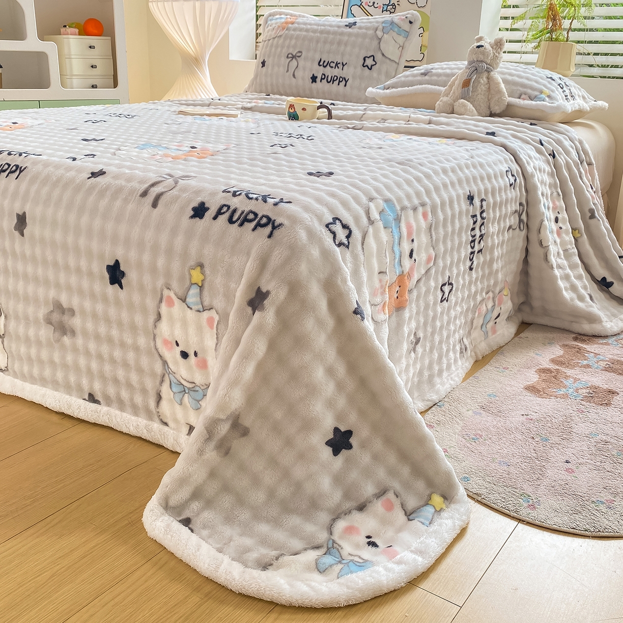 91家纺网 家纺一手货源 找家纺 眠势力 2025新款暖绒泡泡床单冬季保暖被单牛奶绒床单罩 星星猫咪【暖绒泡泡床单】