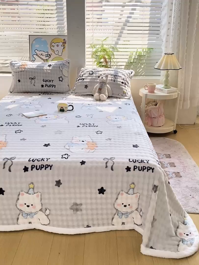 91家纺网 家纺一手货源 找家纺 眠势力 2025新款暖绒泡泡床单冬季保暖被单牛奶绒床单罩 星星猫咪【暖绒泡泡床单】