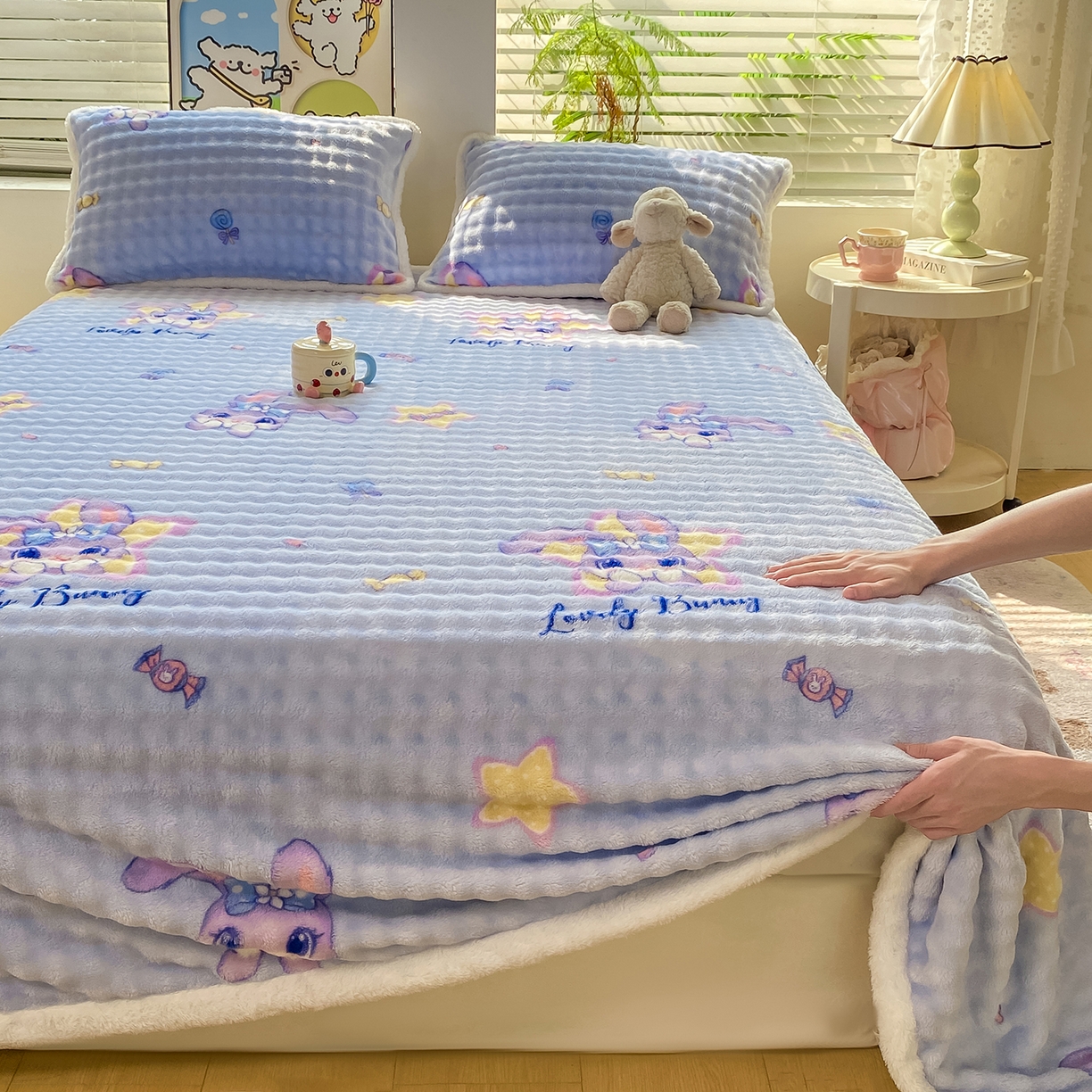 91家纺网 家纺一手货源 找家纺 眠势力 2025新款暖绒泡泡床单冬季保暖被单牛奶绒床单罩 星星梦露【暖绒泡泡床单】