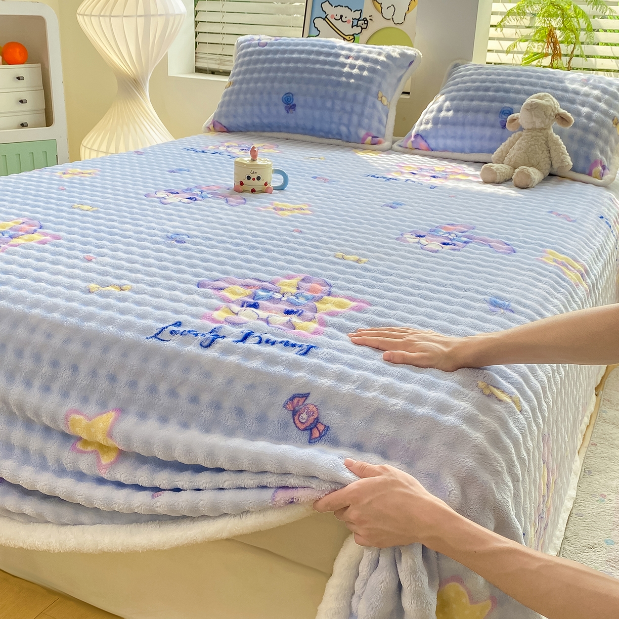 91家纺网 家纺一手货源 找家纺 眠势力 2025新款暖绒泡泡床单冬季保暖被单牛奶绒床单罩 星星梦露【暖绒泡泡床单】