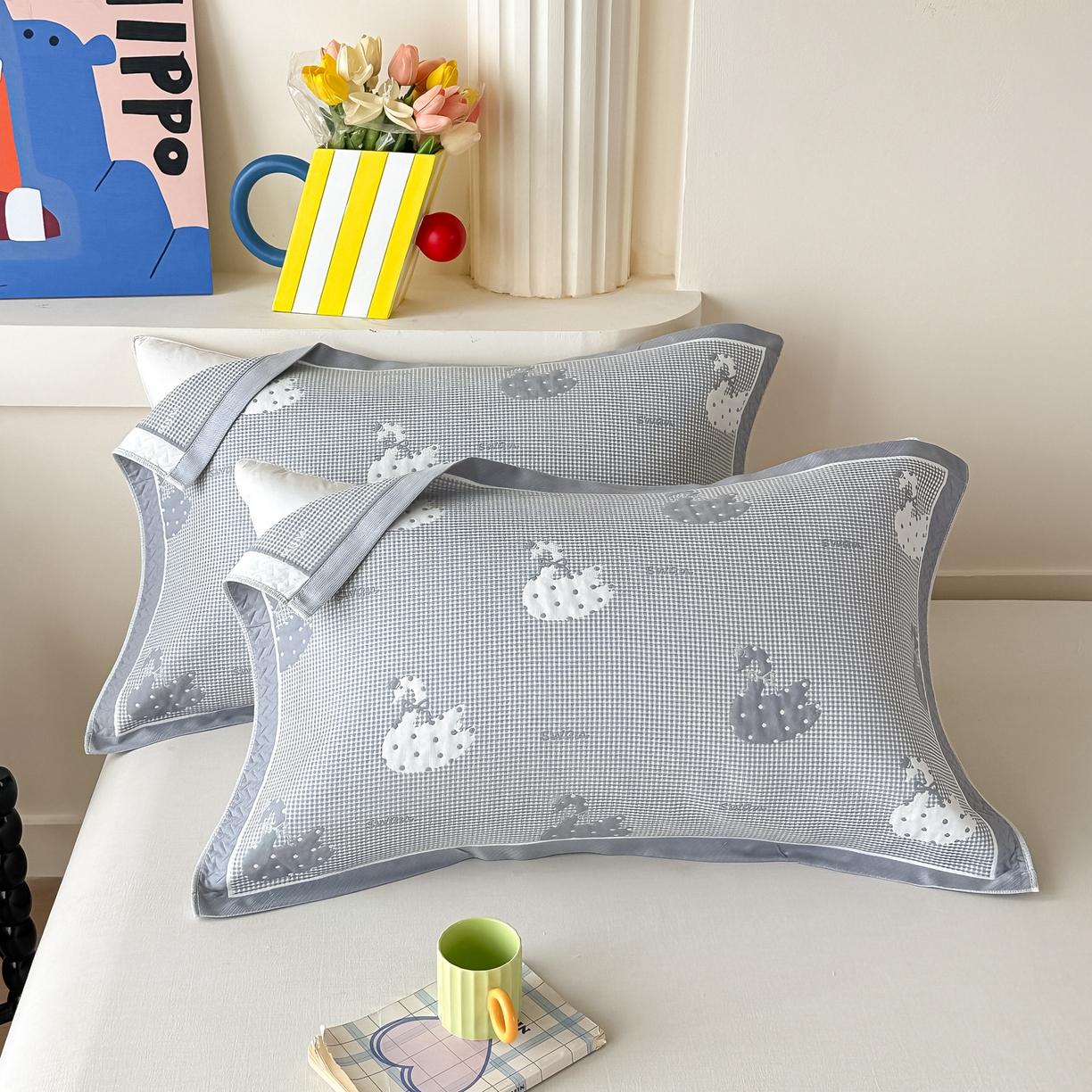 沐瑟家纺 2025新款亲肤柔软纱布小米格枕巾 小天鹅-浅灰色 52*78cm枕巾/只