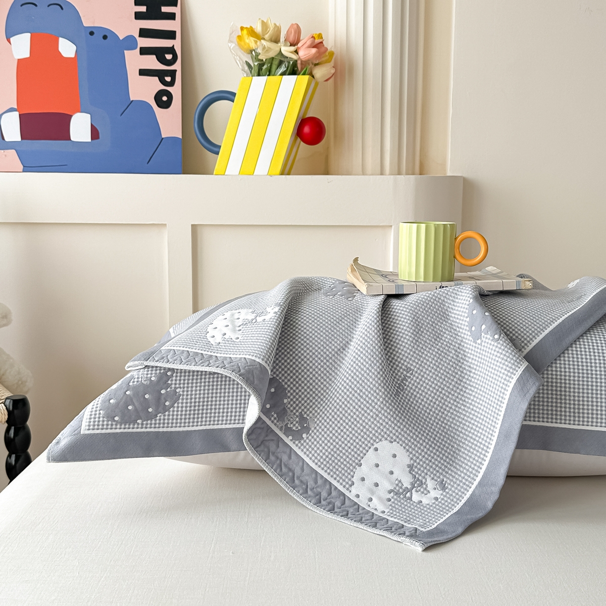 91家纺网 家纺一手货源 找家纺 沐瑟家纺 2025新款亲肤柔软纱布小米格枕巾 小天鹅-浅灰色 52*78cm枕巾/只