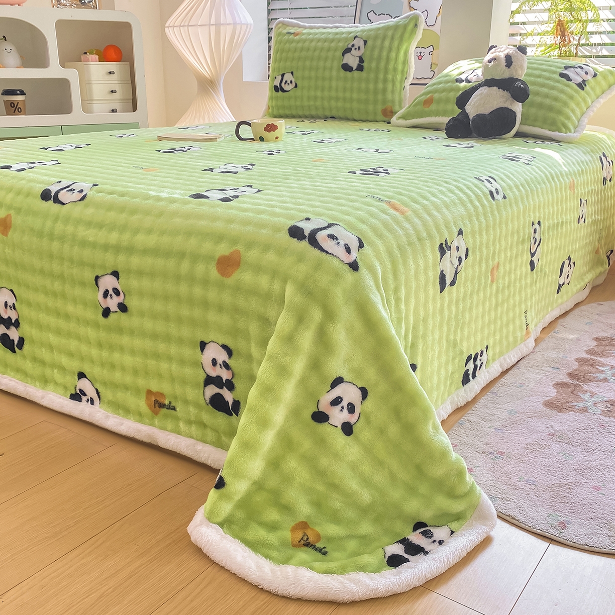 91家纺网 家纺一手货源 找家纺 眠势力 2025新款暖绒泡泡床单冬季保暖被单牛奶绒床单罩 熊猫【暖绒泡泡床单】