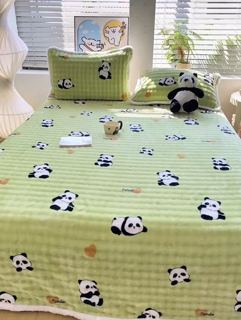 91家纺网 家纺一手货源 找家纺 眠势力 2025新款暖绒泡泡床单冬季保暖被单牛奶绒床单罩 熊猫【暖绒泡泡床单】