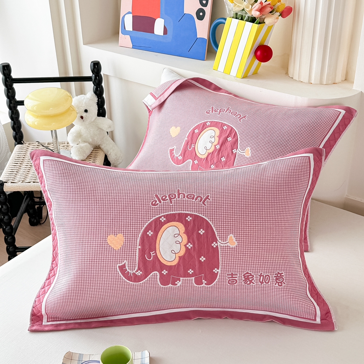 91家纺网 家纺一手货源 找家纺 沐瑟家纺 2025新款亲肤柔软纱布小米格枕巾 小象-粉 52*78cm枕巾/只