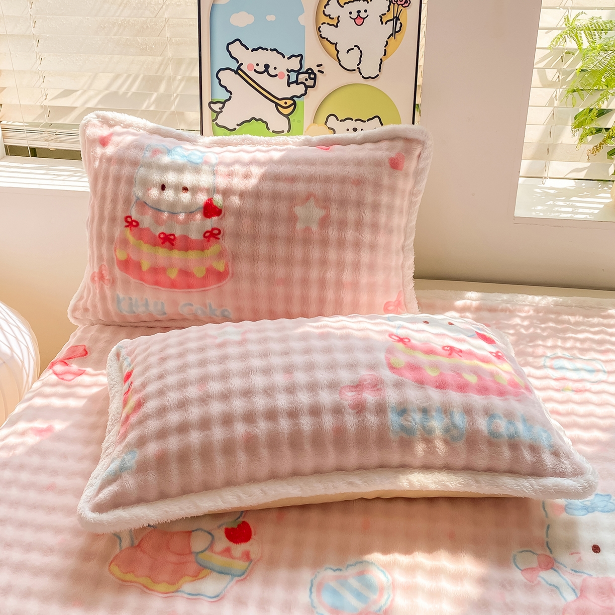 91家纺网 家纺一手货源 找家纺 眠势力 2025新款暖绒泡泡床单冬季保暖被单牛奶绒床单罩 樱桃猫咪【暖绒泡泡床单】