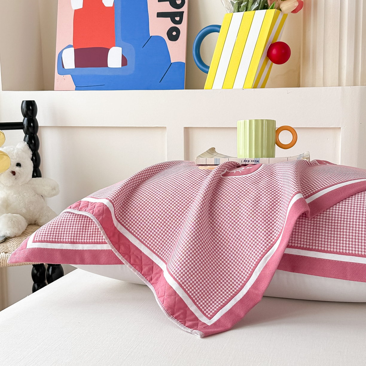 91家纺网 家纺一手货源 找家纺 沐瑟家纺 2025新款亲肤柔软纱布小米格枕巾 小象-粉 52*78cm枕巾/只