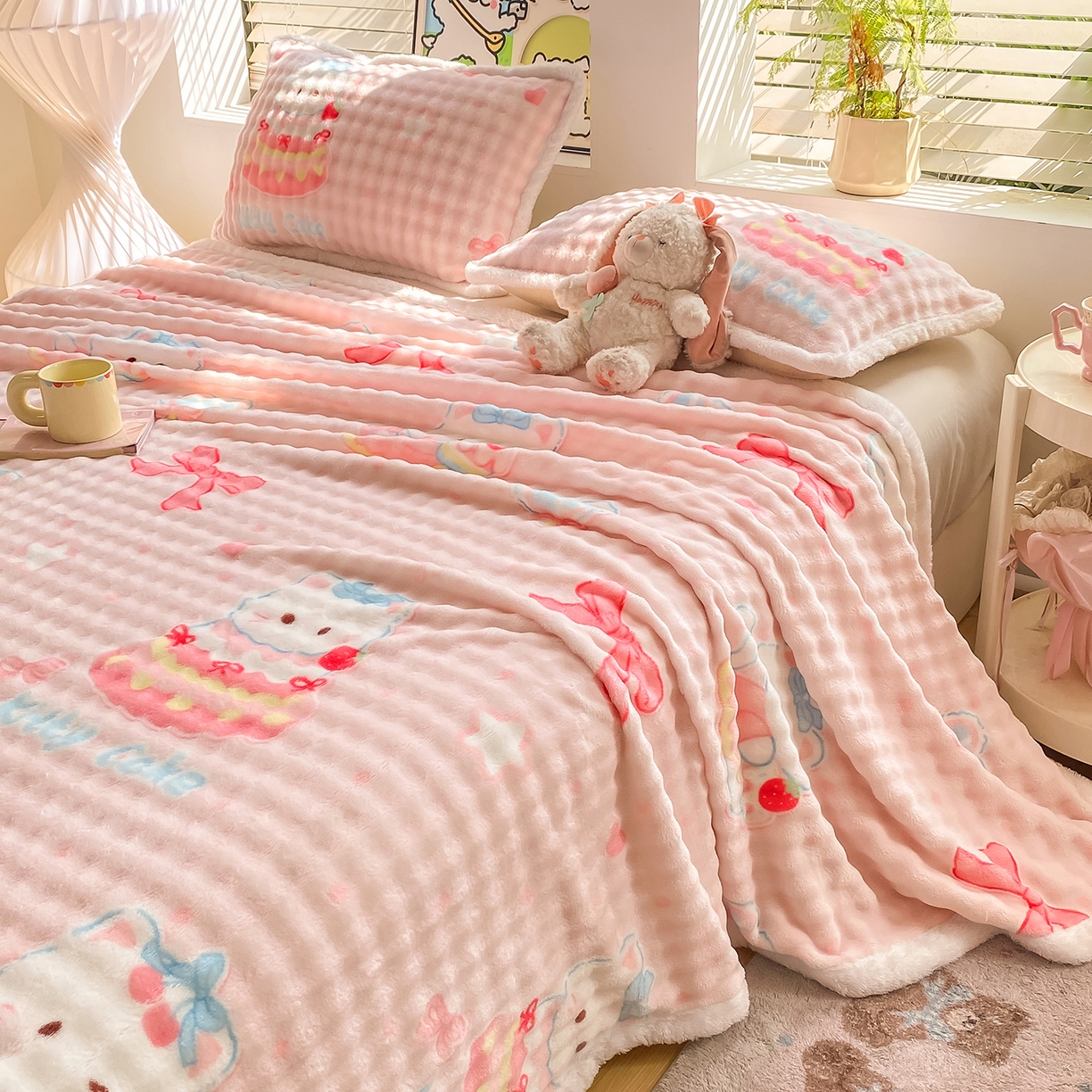 91家纺网 家纺一手货源 找家纺 眠势力 2025新款暖绒泡泡床单冬季保暖被单牛奶绒床单罩 樱桃猫咪【暖绒泡泡床单】