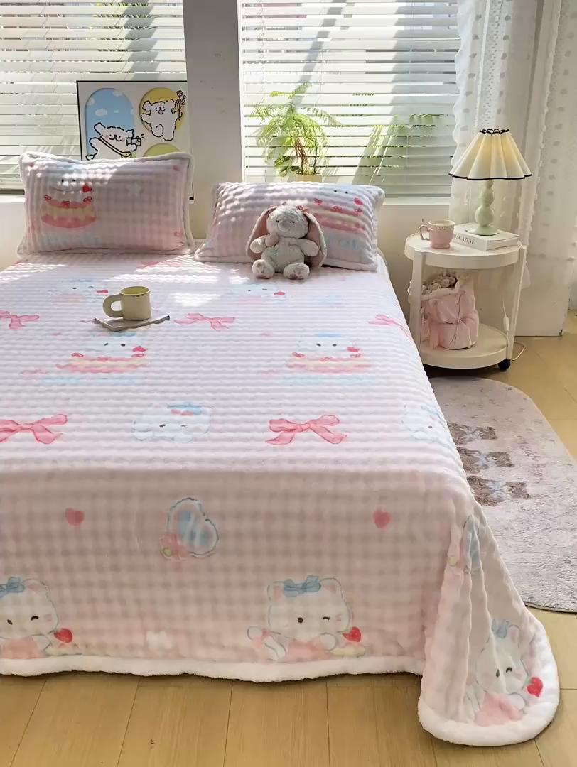 91家纺网 家纺一手货源 找家纺 眠势力 2025新款暖绒泡泡床单冬季保暖被单牛奶绒床单罩 樱桃猫咪【暖绒泡泡床单】