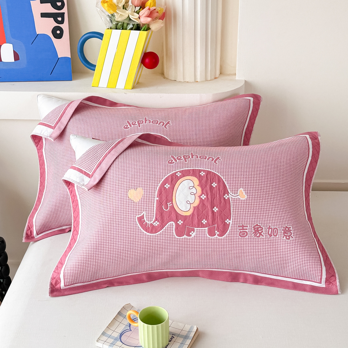 沐瑟家纺 2025新款亲肤柔软纱布小米格枕巾 小象-粉 52*78cm枕巾/对
