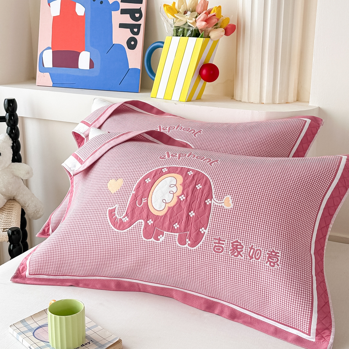 91家纺网 家纺一手货源 找家纺 沐瑟家纺 2025新款亲肤柔软纱布小米格枕巾 小象-粉 52*78cm枕巾/对