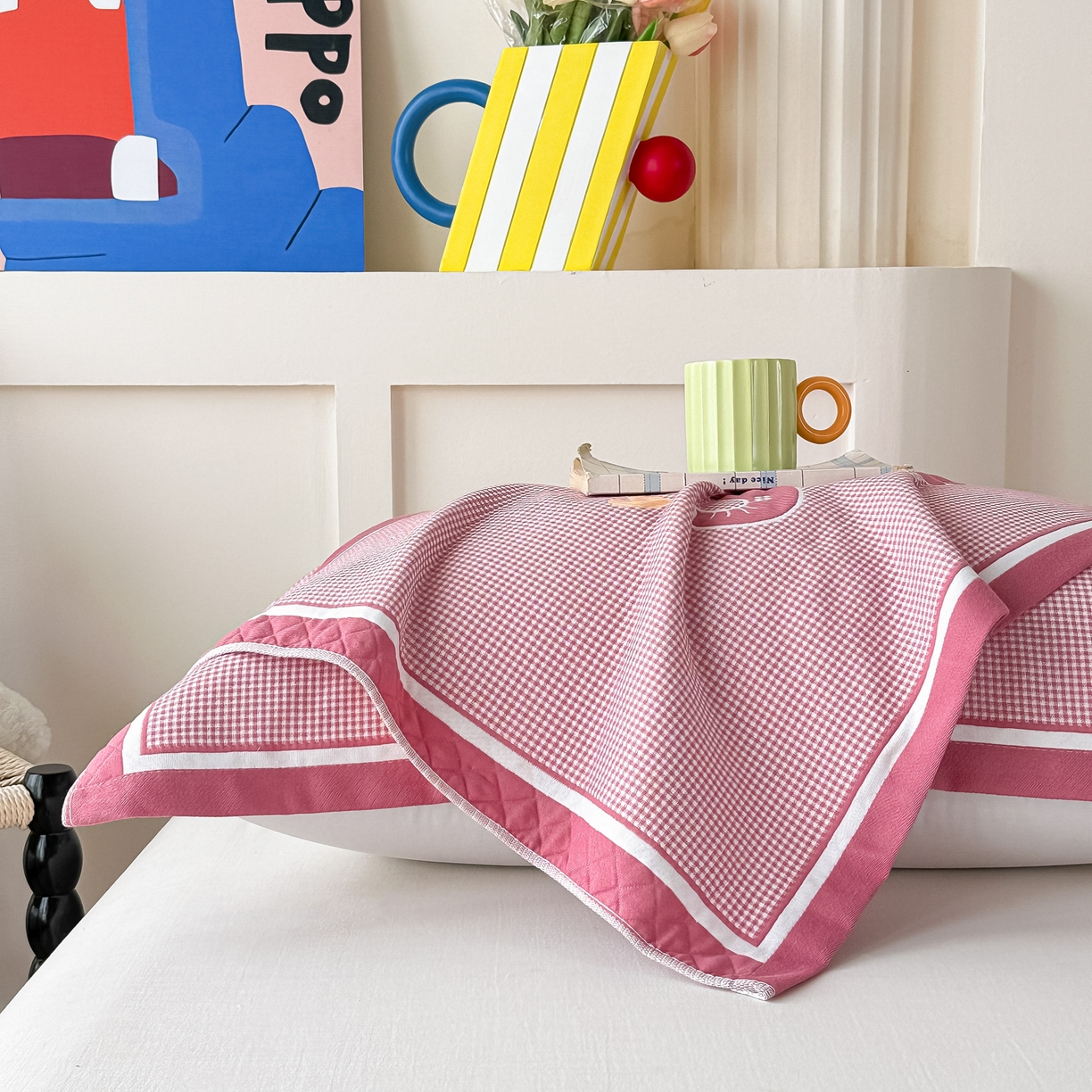 91家纺网 家纺一手货源 找家纺 沐瑟家纺 2025新款亲肤柔软纱布小米格枕巾 小象-粉 52*78cm枕巾/对