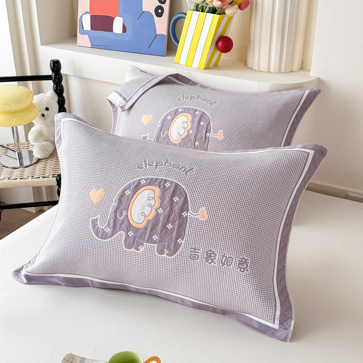 91家纺网 家纺一手货源 找家纺 沐瑟家纺 2025新款亲肤柔软纱布小米格枕巾 小象-灰 52*78cm枕巾/只