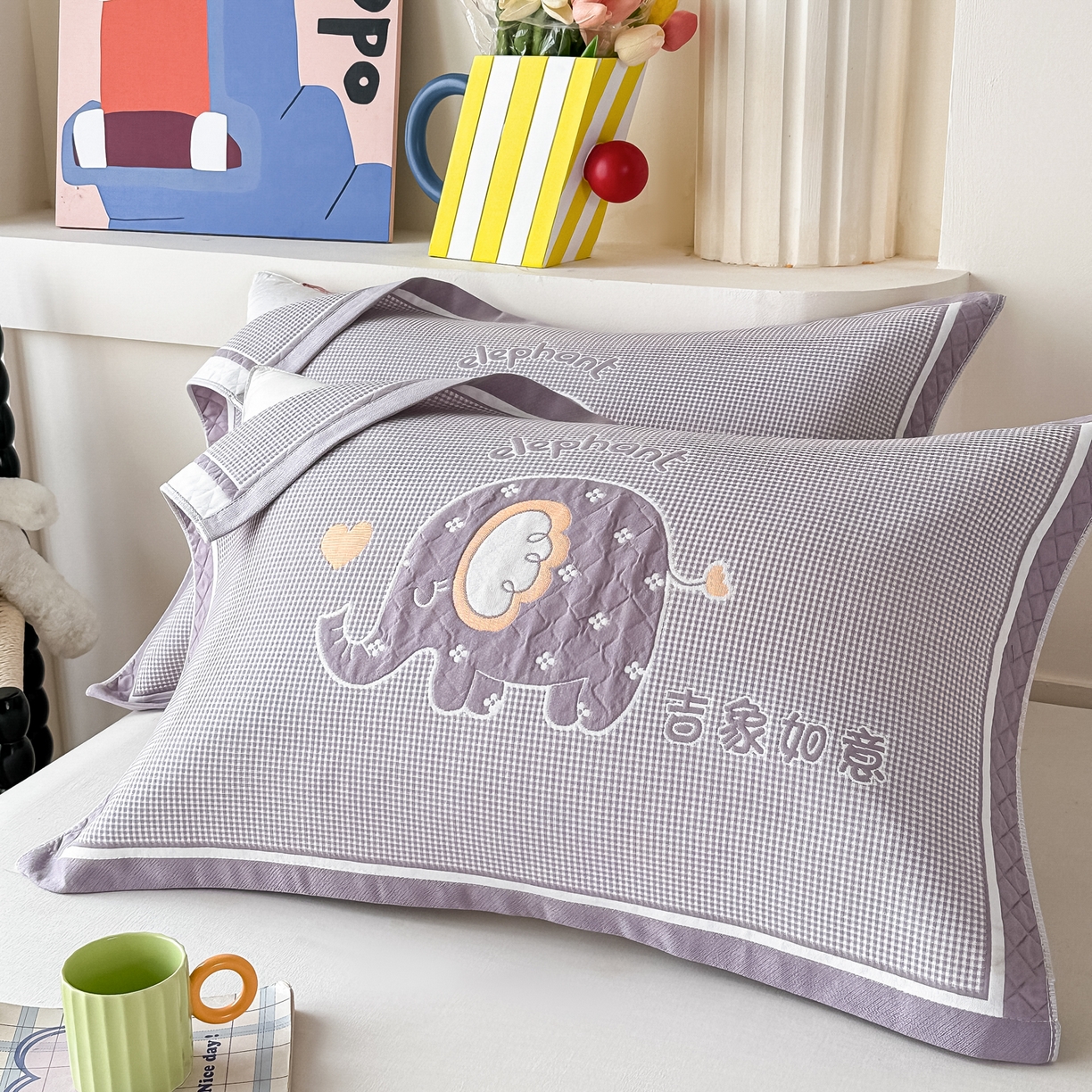 91家纺网 家纺一手货源 找家纺 沐瑟家纺 2025新款亲肤柔软纱布小米格枕巾 小象-灰 52*78cm枕巾/对