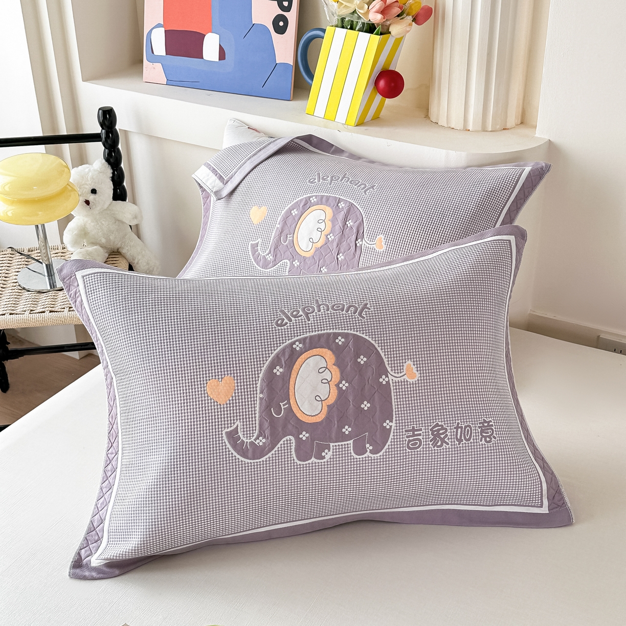 91家纺网 家纺一手货源 找家纺 沐瑟家纺 2025新款亲肤柔软纱布小米格枕巾 小象-灰 52*78cm枕巾/对