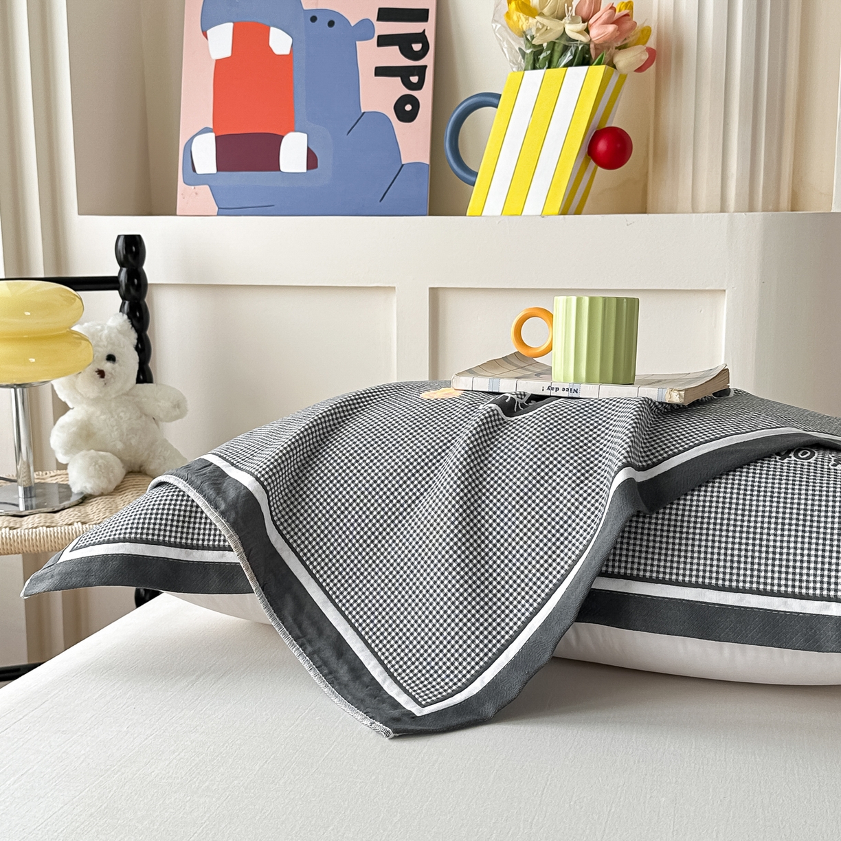 91家纺网 家纺一手货源 找家纺 沐瑟家纺 2025新款亲肤柔软纱布小米格枕巾 小象-深灰 52*78cm枕巾/只