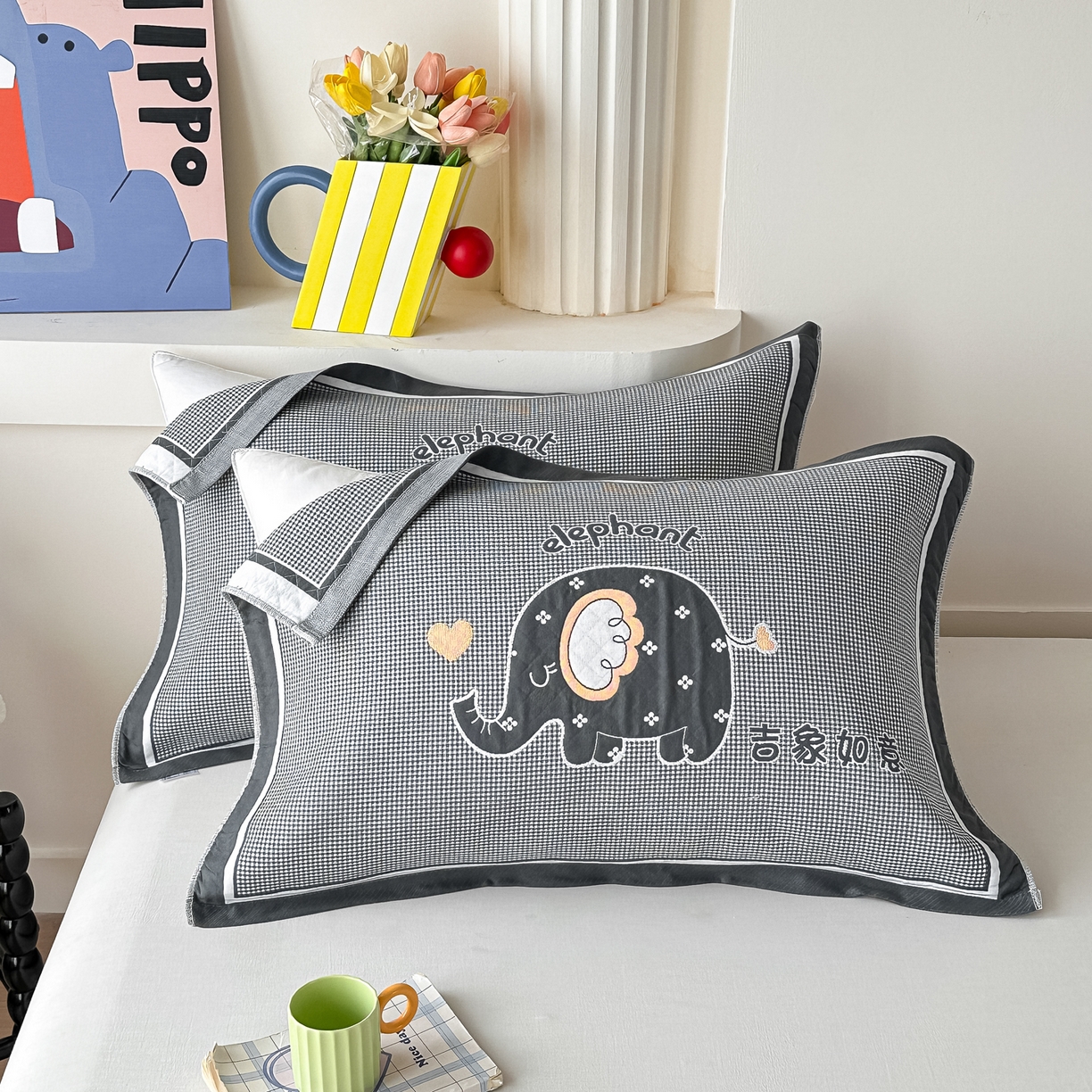 沐瑟家纺 2025新款亲肤柔软纱布小米格枕巾 小象-深灰 52*78cm枕巾/对
