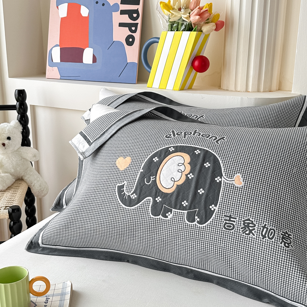 91家纺网 家纺一手货源 找家纺 沐瑟家纺 2025新款亲肤柔软纱布小米格枕巾 小象-深灰 52*78cm枕巾/对