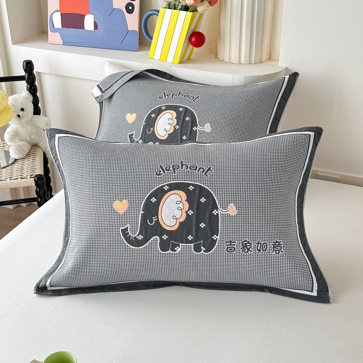 91家纺网 家纺一手货源 找家纺 沐瑟家纺 2025新款亲肤柔软纱布小米格枕巾 小象-深灰 52*78cm枕巾/对