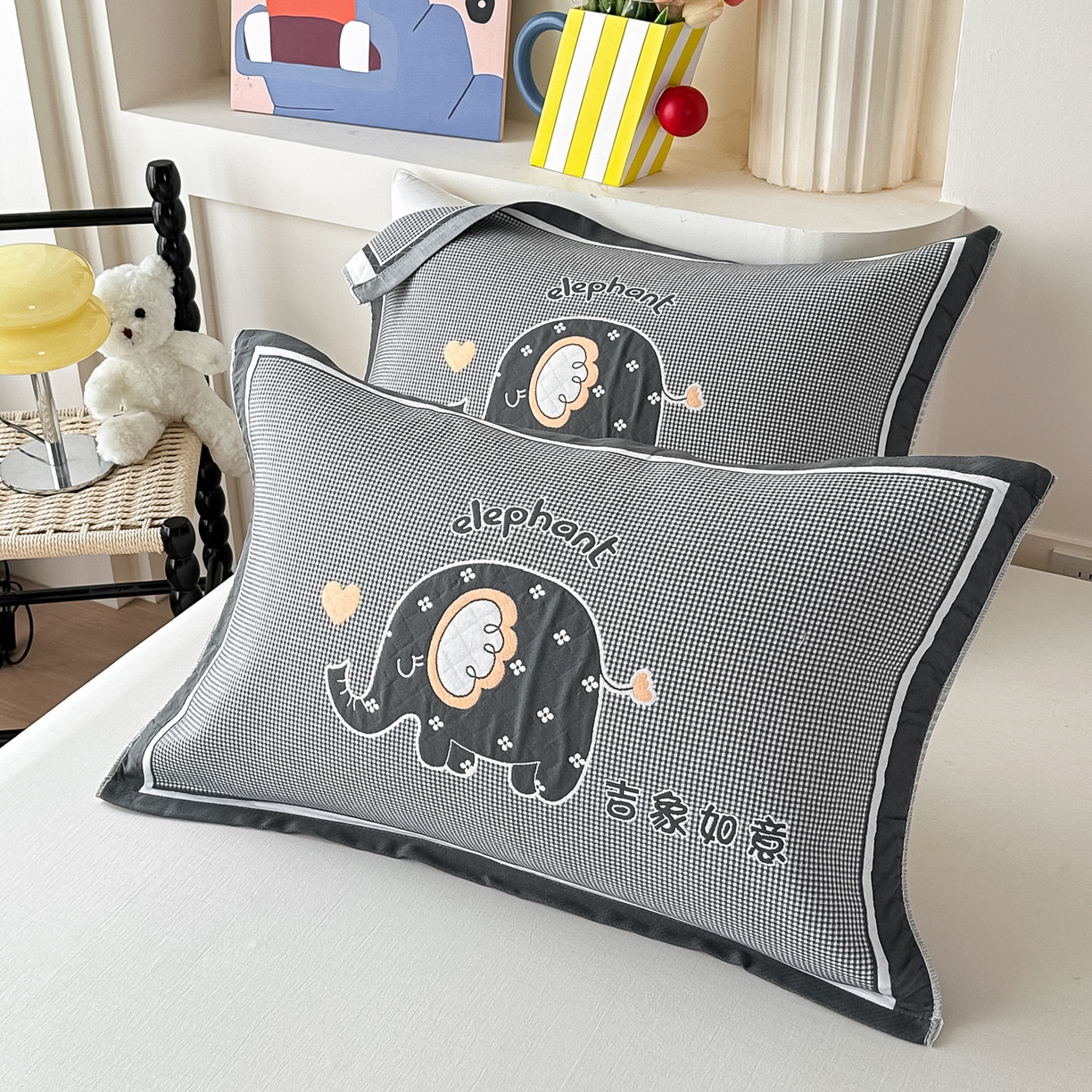 91家纺网 家纺一手货源 找家纺 沐瑟家纺 2025新款亲肤柔软纱布小米格枕巾 小象-深灰 52*78cm枕巾/对