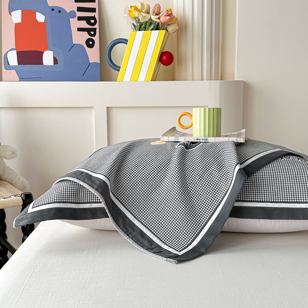 91家纺网 家纺一手货源 找家纺 沐瑟家纺 2025新款亲肤柔软纱布小米格枕巾 小象-深灰 52*78cm枕巾/对