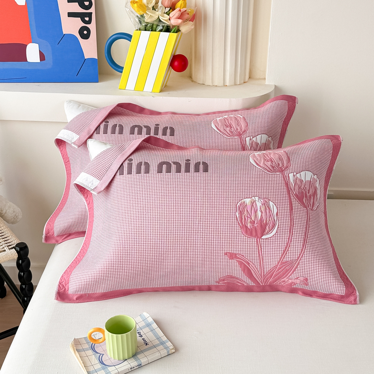 沐瑟家纺 2025新款亲肤柔软纱布小米格枕巾 郁金香-粉色 52*78cm枕巾/只