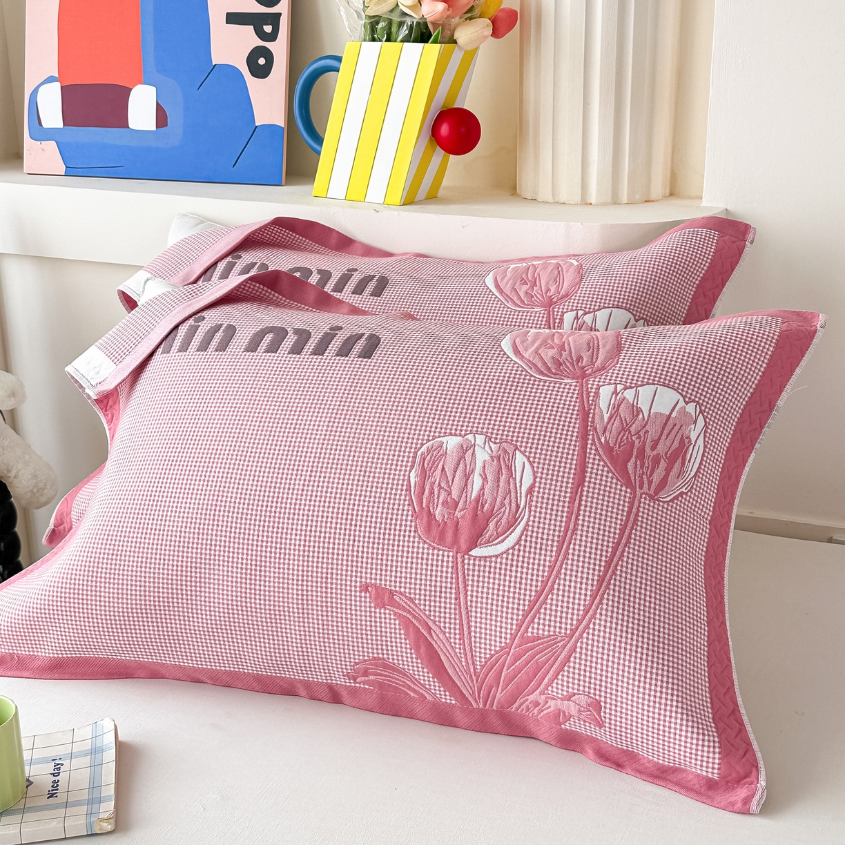 91家纺网 家纺一手货源 找家纺 沐瑟家纺 2025新款亲肤柔软纱布小米格枕巾 郁金香-粉色 52*78cm枕巾/只