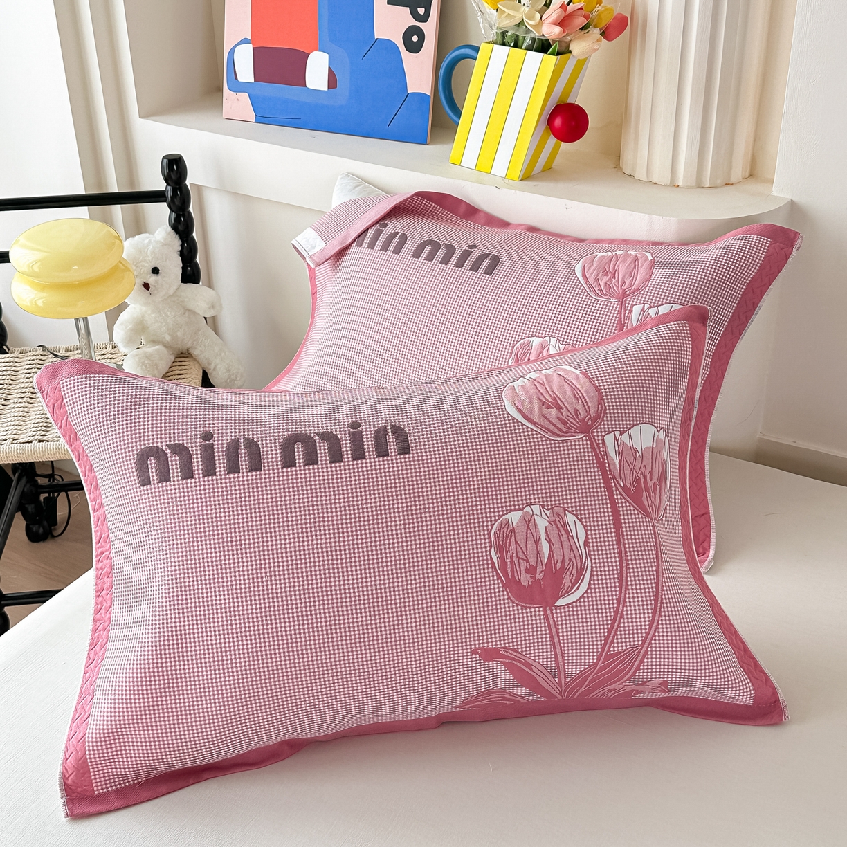 91家纺网 家纺一手货源 找家纺 沐瑟家纺 2025新款亲肤柔软纱布小米格枕巾 郁金香-粉色 52*78cm枕巾/只