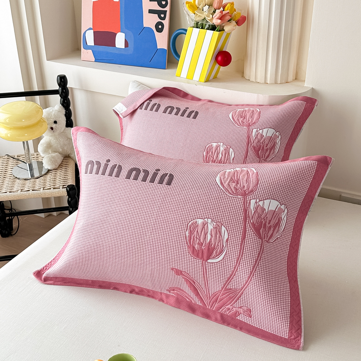 91家纺网 家纺一手货源 找家纺 沐瑟家纺 2025新款亲肤柔软纱布小米格枕巾 郁金香-粉色 52*78cm枕巾/只