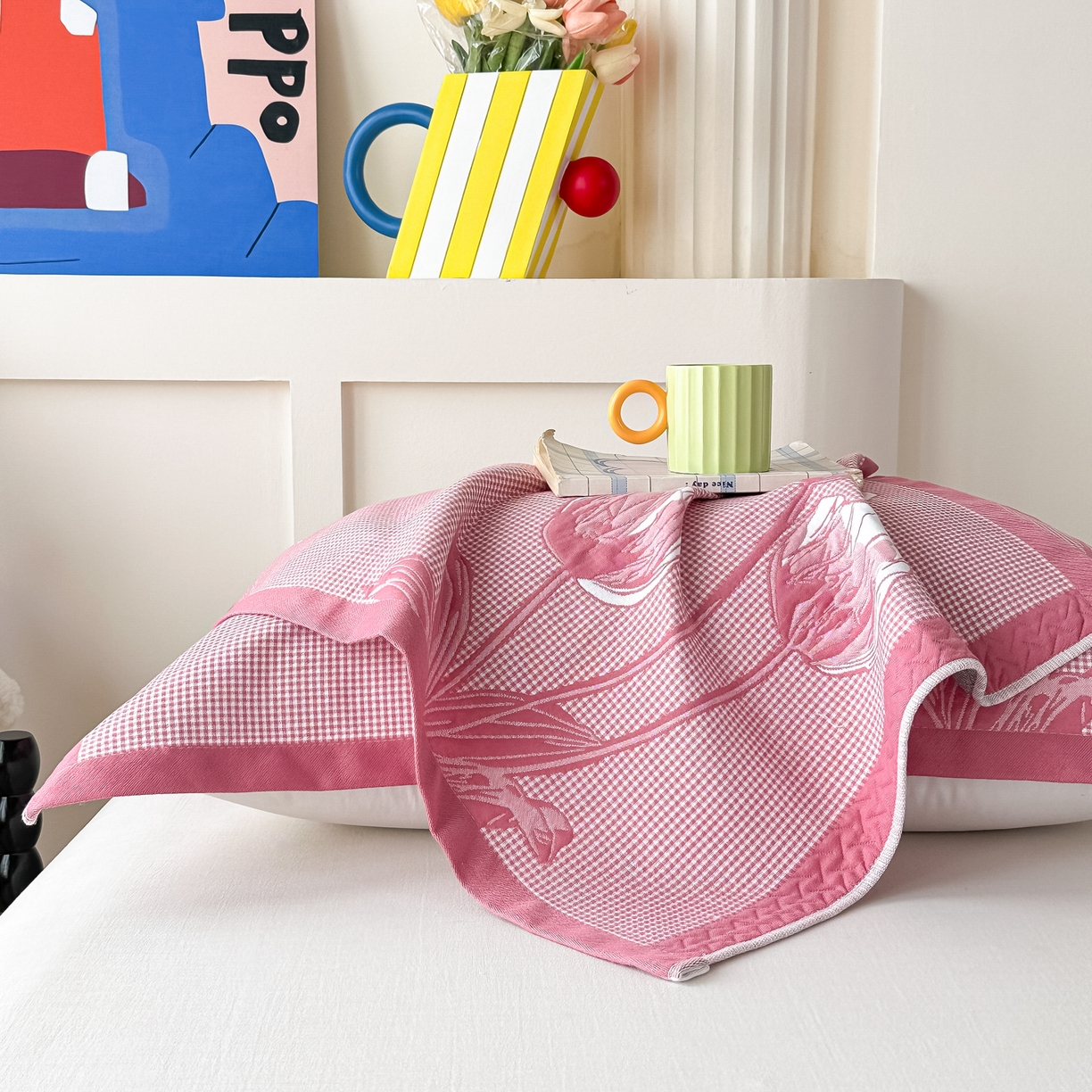 91家纺网 家纺一手货源 找家纺 沐瑟家纺 2025新款亲肤柔软纱布小米格枕巾 郁金香-粉色 52*78cm枕巾/只