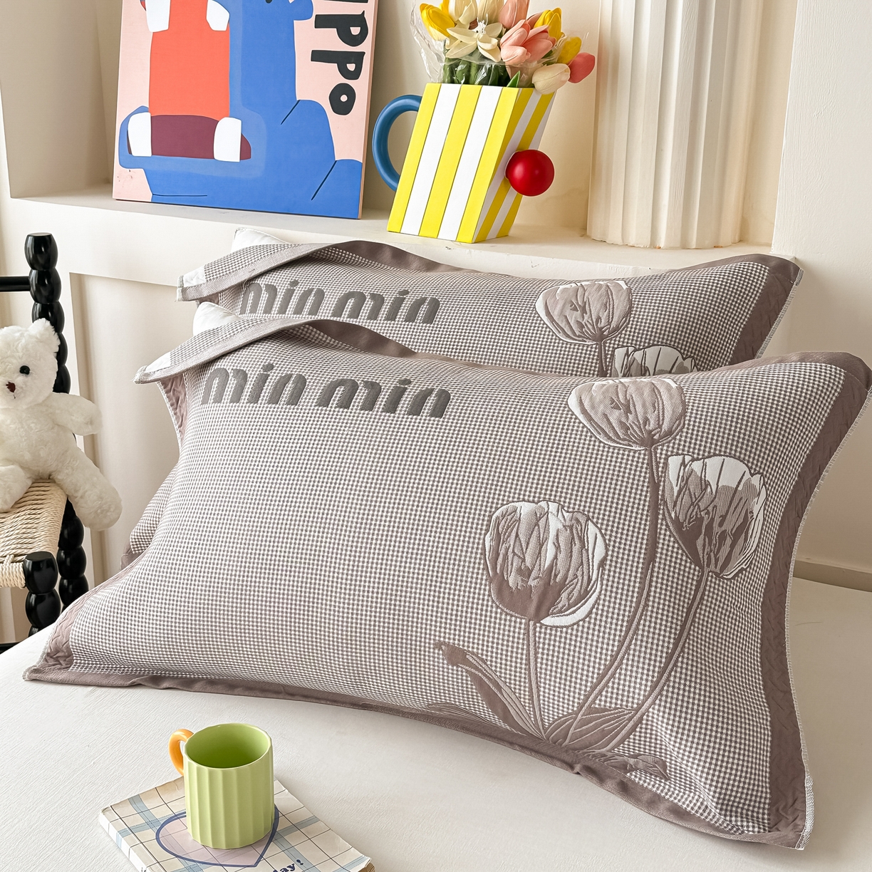 91家纺网 家纺一手货源 找家纺 沐瑟家纺 2025新款亲肤柔软纱布小米格枕巾 郁金香-咖色 52*78cm枕巾/只