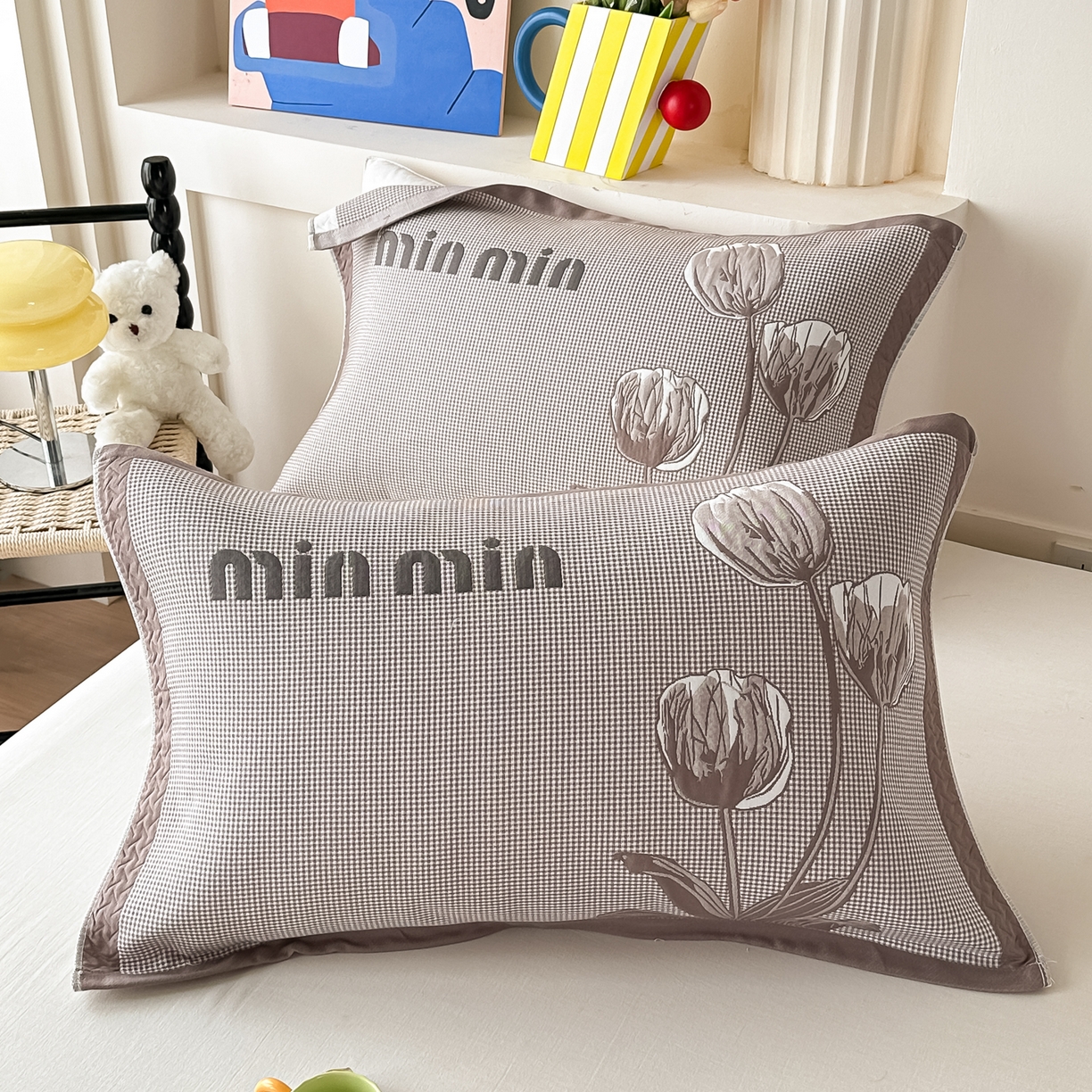 91家纺网 家纺一手货源 找家纺 沐瑟家纺 2025新款亲肤柔软纱布小米格枕巾 郁金香-咖色 52*78cm枕巾/只