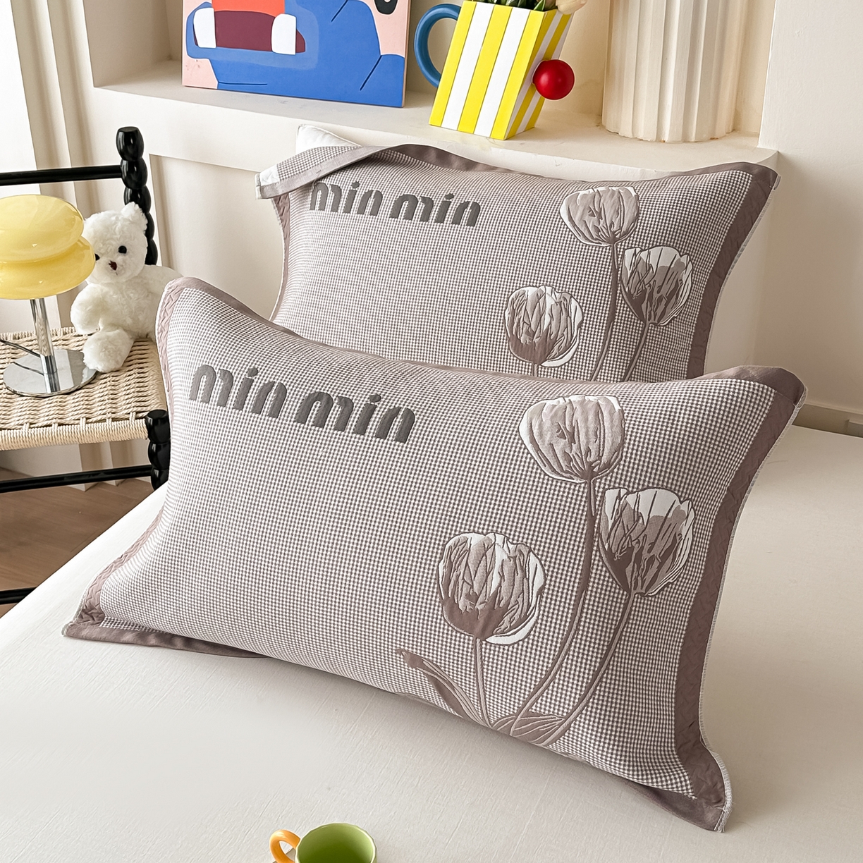 91家纺网 家纺一手货源 找家纺 沐瑟家纺 2025新款亲肤柔软纱布小米格枕巾 郁金香-咖色 52*78cm枕巾/只