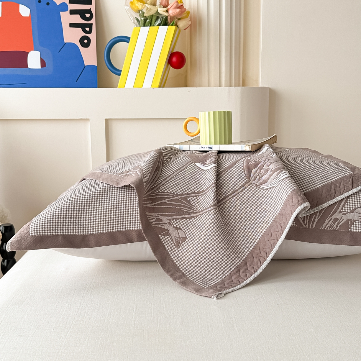 91家纺网 家纺一手货源 找家纺 沐瑟家纺 2025新款亲肤柔软纱布小米格枕巾 郁金香-咖色 52*78cm枕巾/只