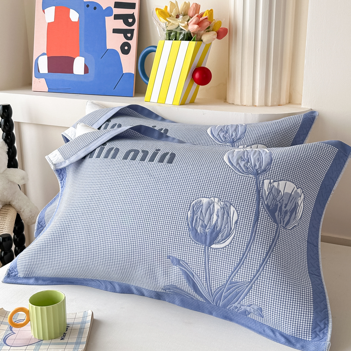 91家纺网 家纺一手货源 找家纺 沐瑟家纺 2025新款亲肤柔软纱布小米格枕巾 郁金香-蓝色 52*78cm枕巾/只