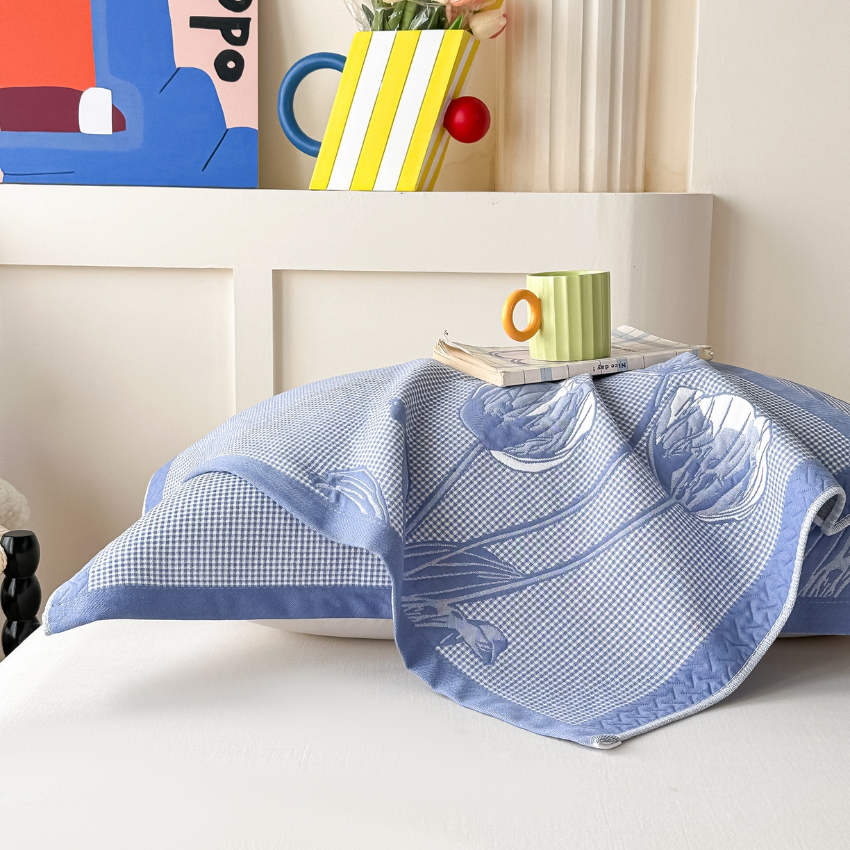 91家纺网 家纺一手货源 找家纺 沐瑟家纺 2025新款亲肤柔软纱布小米格枕巾 郁金香-蓝色 52*78cm枕巾/只