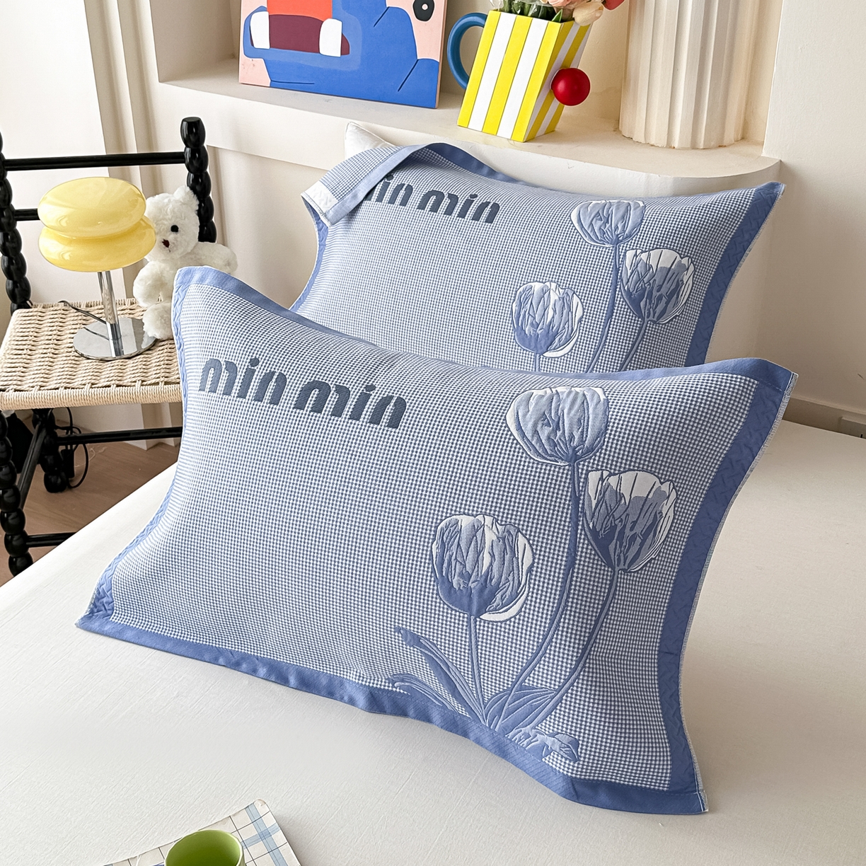 91家纺网 家纺一手货源 找家纺 沐瑟家纺 2025新款亲肤柔软纱布小米格枕巾 郁金香-蓝色 52*78cm枕巾/对