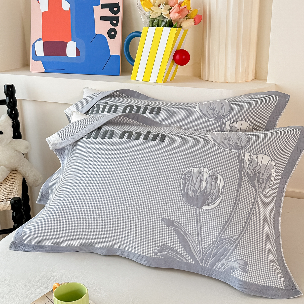 91家纺网 家纺一手货源 找家纺 沐瑟家纺 2025新款亲肤柔软纱布小米格枕巾 郁金香-浅灰色 52*78cm枕巾/只