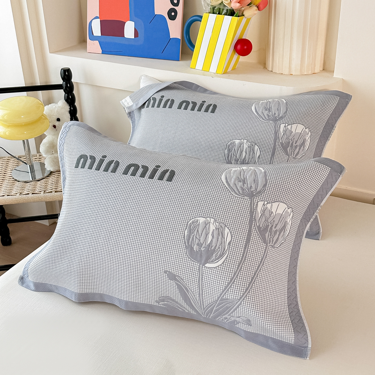 91家纺网 家纺一手货源 找家纺 沐瑟家纺 2025新款亲肤柔软纱布小米格枕巾 郁金香-浅灰色 52*78cm枕巾/只